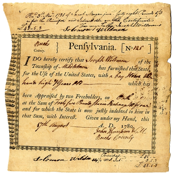 1780 Philadelphia Revolutionary War Horse Bond As Evidence Of Taking A Horse For George Washington’s Army.
