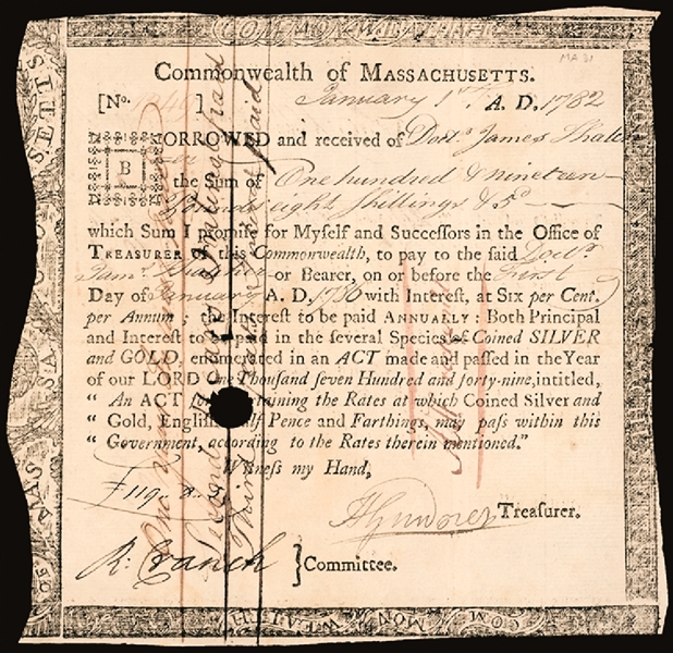 January 1, 1782 Dated. MA, Interest-bearing Certificate, 