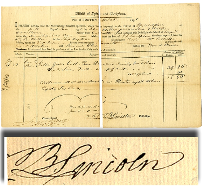 1799 Scarce Type General Benjamin Lincoln Signed Port of Boston U.S. Form