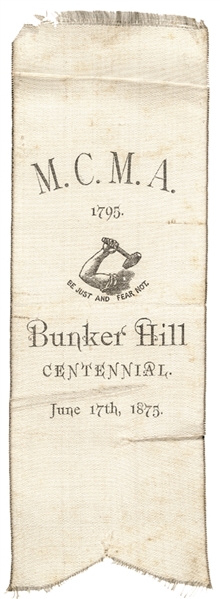 1775-1875 Bunker Hill Centennial MCMA Boston White Silk Printed Ribbon