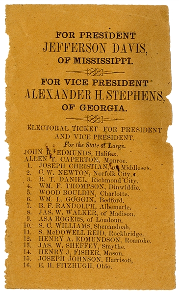 Jefferson Davis and Alexander Stephens Virginia Electoral Ticket