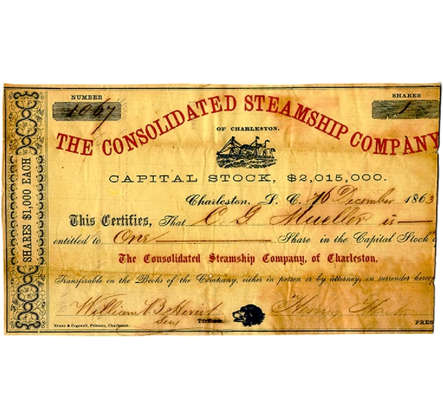 The Consolidated Steamship Company of Charleston Confederate Blockade Runner Stock Certificate.