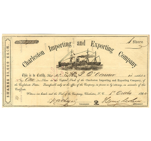 Charleston, SC- Charleston Importing and Exporting Company Stock Certificate
