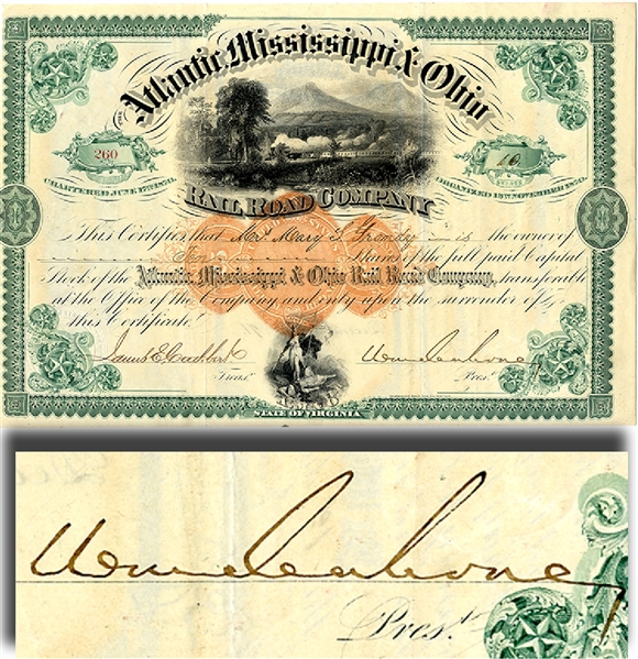 Civil War General Wm. Mahone Signed Stock Certificate from Atlantic, Mississippi & Ohio Railroad Co.