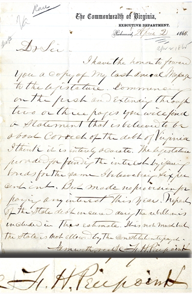 War-Date, “Restored Government of Virginia”, Governor F.H. Pierpont Writes of Debts Incurred During the “Rebellion”