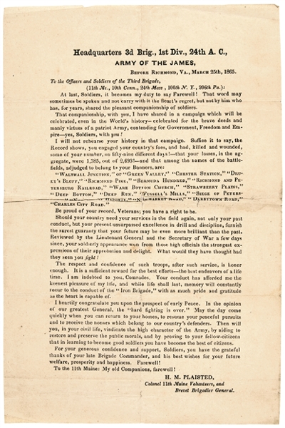 Field Printed Civil War Printed Broadside, Farewell to the 11th Maine Volunteers