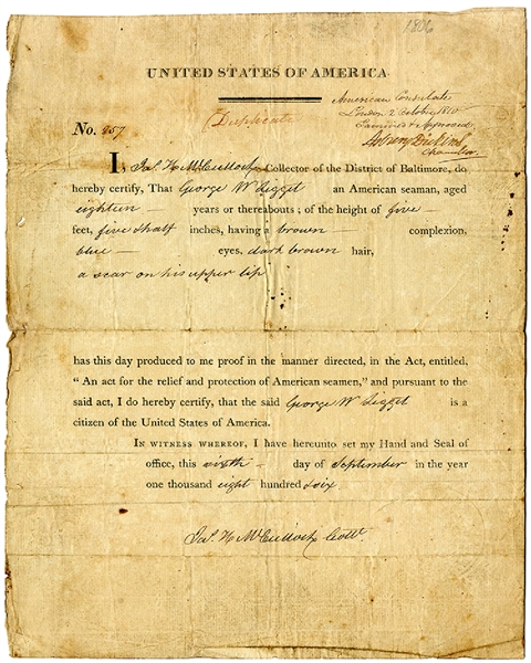 Citizenship Statement of an American Seaman To Protect Against British Impressment