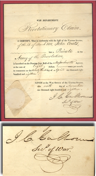 John C. Calhoun Signed American Revolution Pension Claim