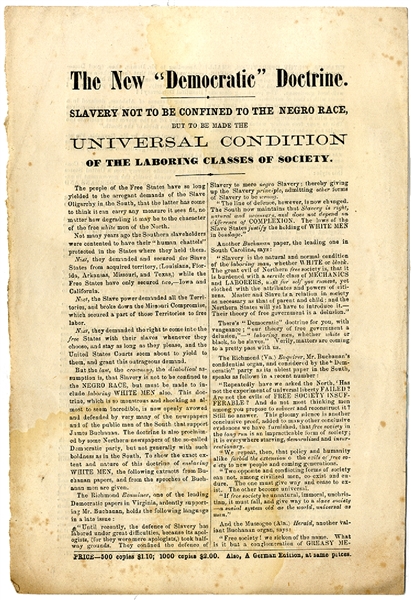 Republican Published Handbill “The New Democratic Doctrine,” Claims “Slavery not to be confined to the Negro race”