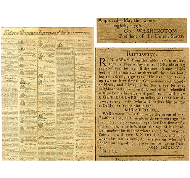Twice Signed In Type George Washington Documents and Nine Slave Ads- 1796
