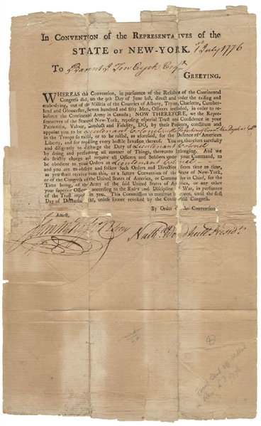 A Rare and Important 1776 Appointment of Barent J. Ten Eyck Signed by Nathaniel Woodhull as President of the New York Provincial Congress.