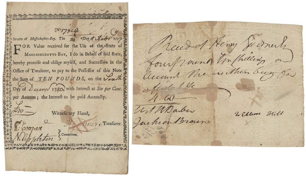  Ten Pound Bounty Bond Issued By The State Of Massachusetts