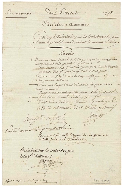 A Scarce War Date Military Document Signed By French Admiral Comte de Grasse Who Commanded At Yorktown-1781