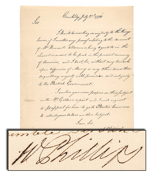 1778 British Maj Gen William Phillips Letter When Held American Prisoner of War 