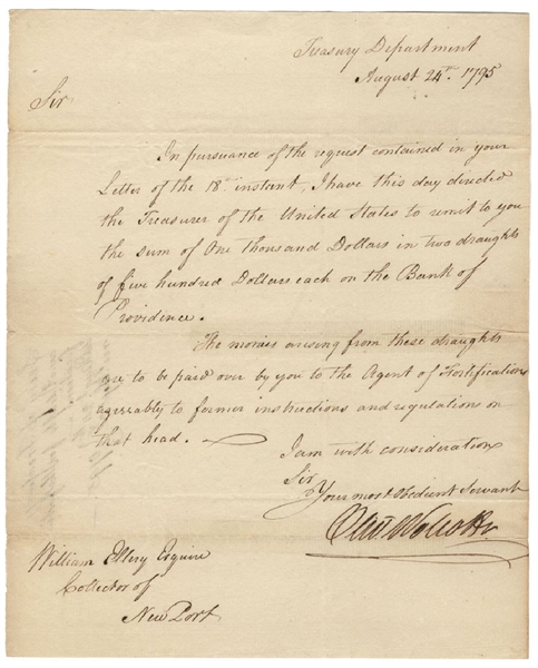 Oliver Wolcott, Jr. Treasury Department Document Signed To William Ellery, and Docketed by Ellery on verso