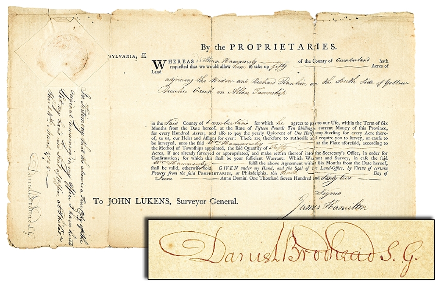 1795 Revolutionary War General DANIEL BRODHEAD of New York Signed Land Grant