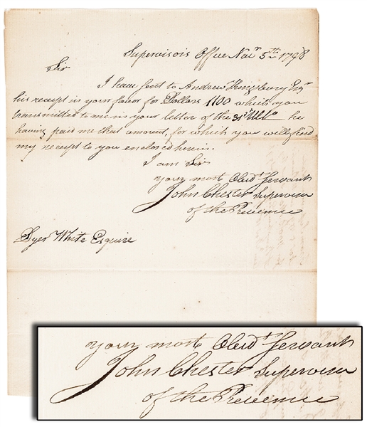 JOHN CHESTER Autograph Letter Signed 1798 Connecticut Revolutionary War Hero