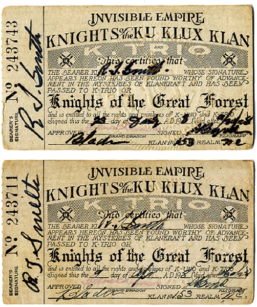1928 Klan Membership Cards Into Knights of the Great Forest