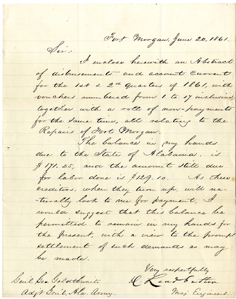 Rare Confederate General Danville Leadbetter Letter On Repairs To Fort Morgan, Alabama 