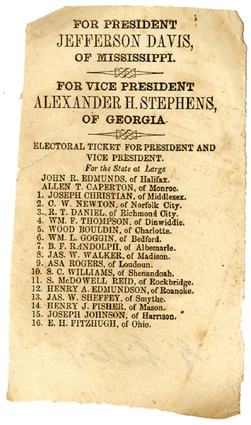 Jefferson Davis and Alexander Stephens Virginia Electoral Ticket