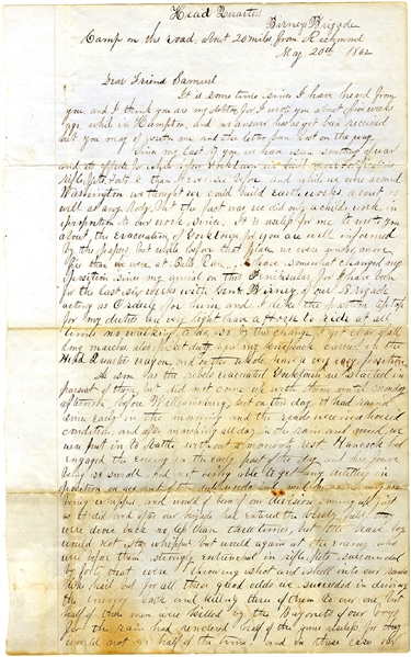 An Incredible Detailed Letter  Reporting the Battle of Wiliamsburg Virginia