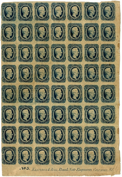 Rare Uncut 56 Block of Confederate Ten-Cent Postage Stamps By Keating & Ball