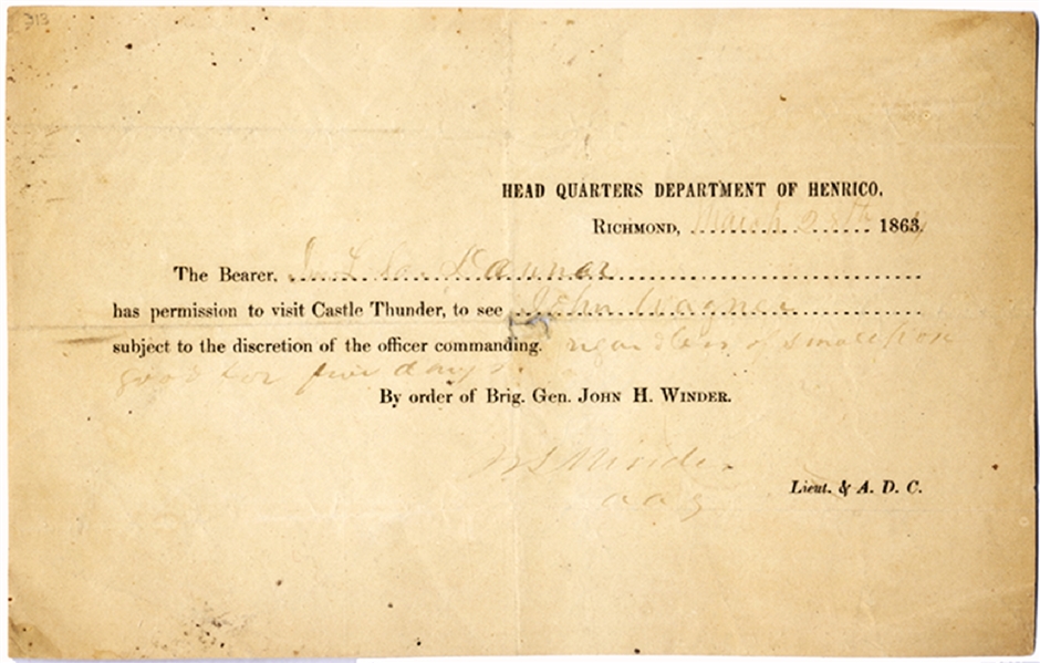 Confederate Pass By the Order of Brig. Gen. John H. Winder