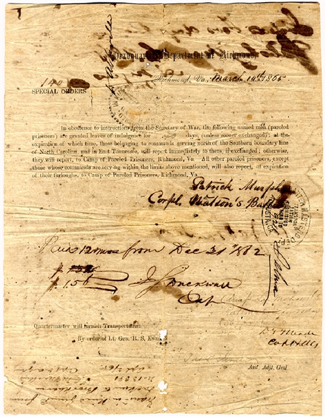 Irish signed Confederate Louisiana Artillery document