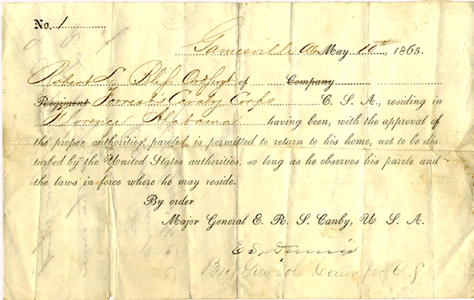Forrest’s Cavalry Corps Parole Signed by Union General Dennis