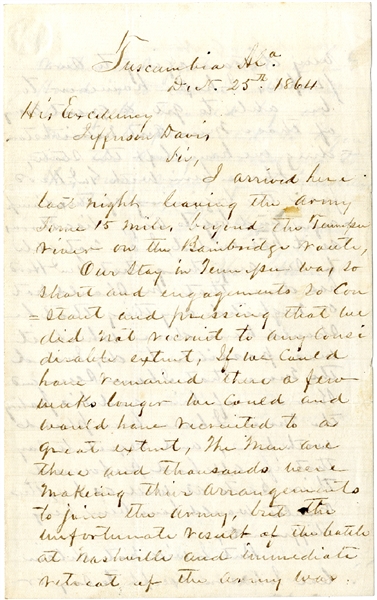Former Tennessee Governor Harris Praises General Hood in a Letter to Jefferson Davis