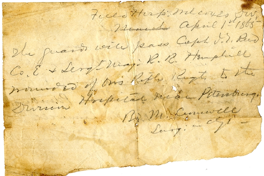 Fully Manuscript Field Hospital Pass - April 1865