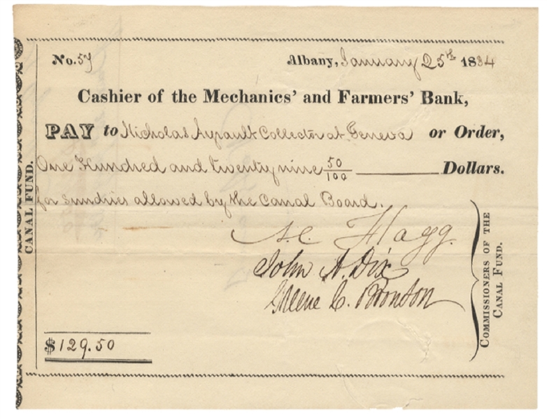 New York Canal Fund Check Signed by John A. Dix