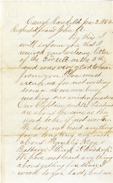 3rd Pennsylvania Artillery Letter re”Runkle’s Nxxxxr Battery
