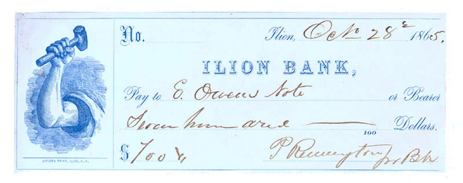 Philo Remington Partly-printed Bank Check.