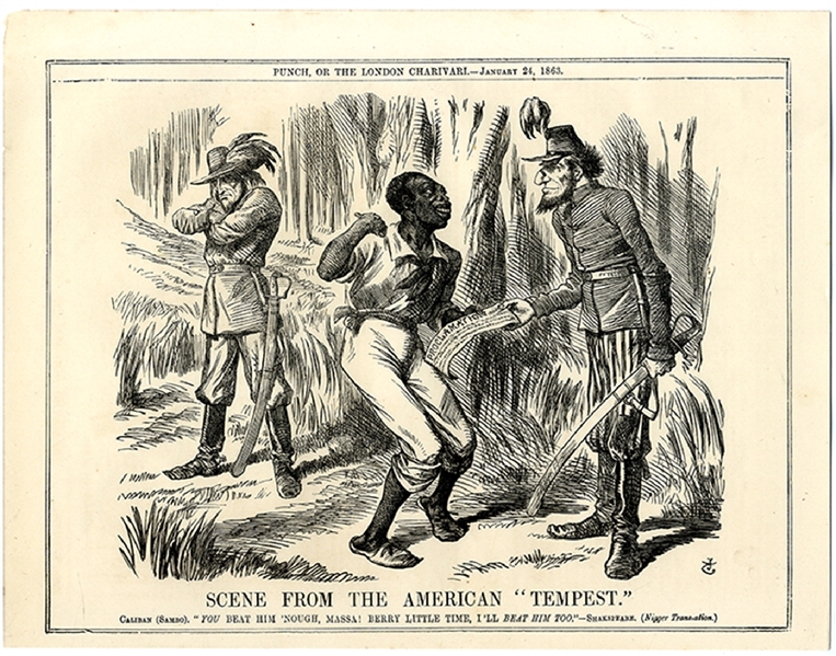 Political Cartoon as Lincoln Hands His Emancipation Proclamation to a Slave.