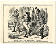 Political Cartoon as Lincoln Hands His Emancipation Proclamation to a Slave.