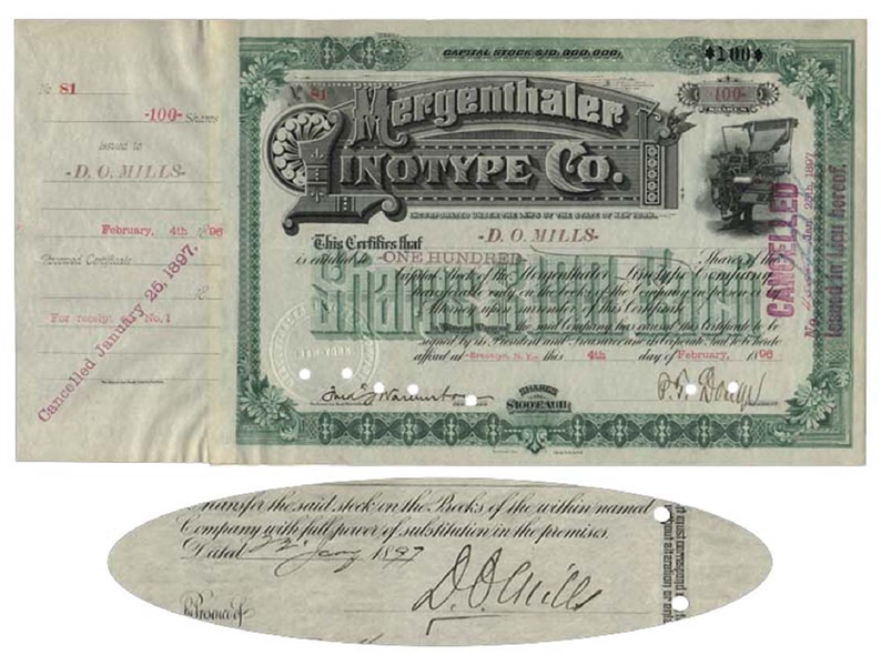 Mergenthaler Linotype  Stock Issued To And Signed On Verso By Darius O. Mills