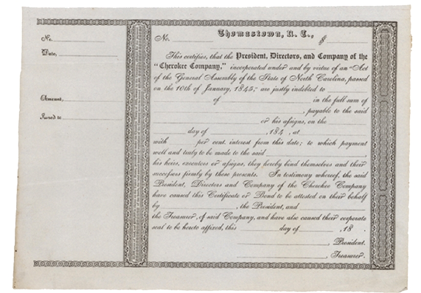 Unissued Bond of  the Cherokee Company -  Settlements For The Cherokee in N.C.
