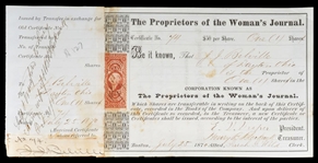 Stock certificate of the Woman’s Journal Signed by Reformer Henry Blackwell