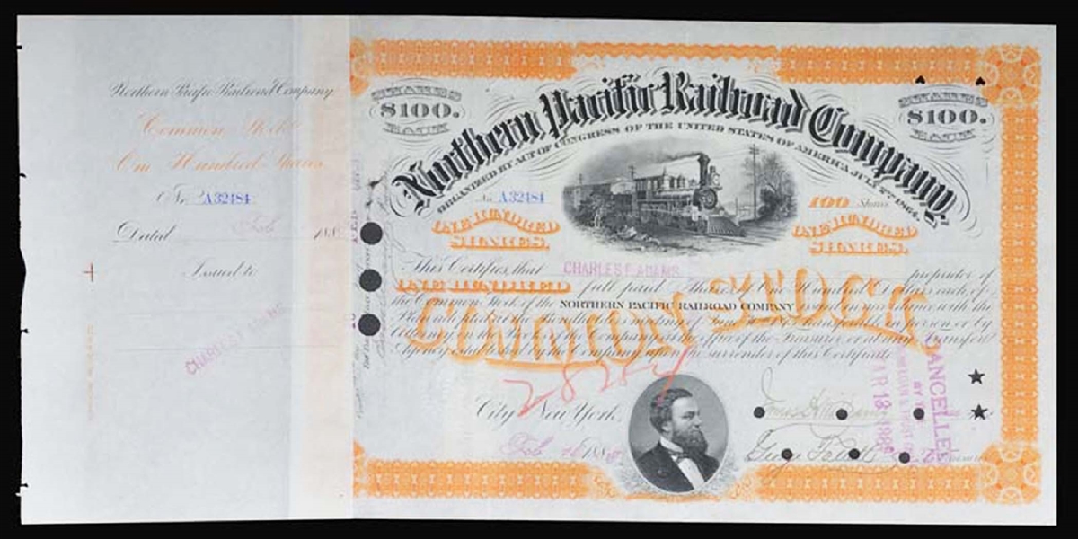 Northern Pacific Stock Issued To And Signed On Verso By Charles F. Adams-1880