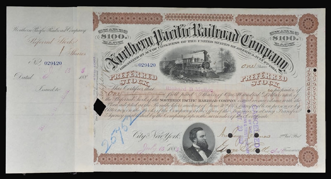Northern Pacific RR Stock Issued To and Signed On Verso By Richard B. Mellon
