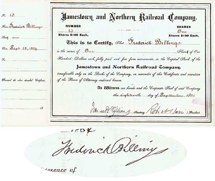Rare Stock Issued to and Signed by Frederick Billings