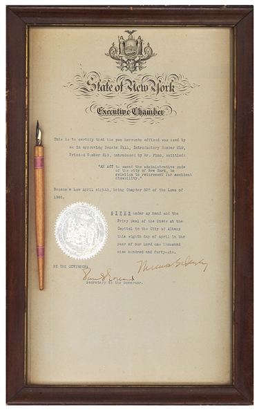 Pen Used To Sign Senate Bill 216 With Thomas Dewey Signed Statment