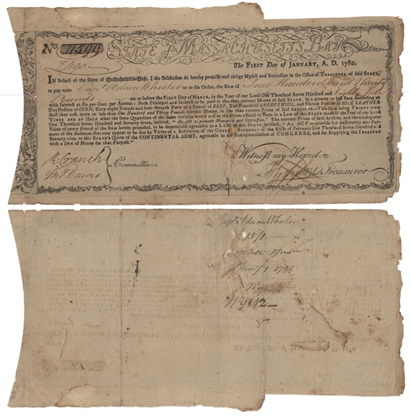 CONTINENTAL ARMY COMMODITIES BOND ISSUED TO CAPT. ADAM WHEELER WHO WOULD LATER PARTICIPATE IN SHAY’S REBELLION