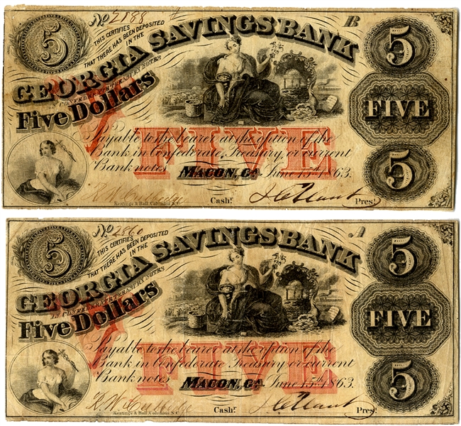 Two Macon, GA- Georgia Savings Bank $5 June 15, 1863