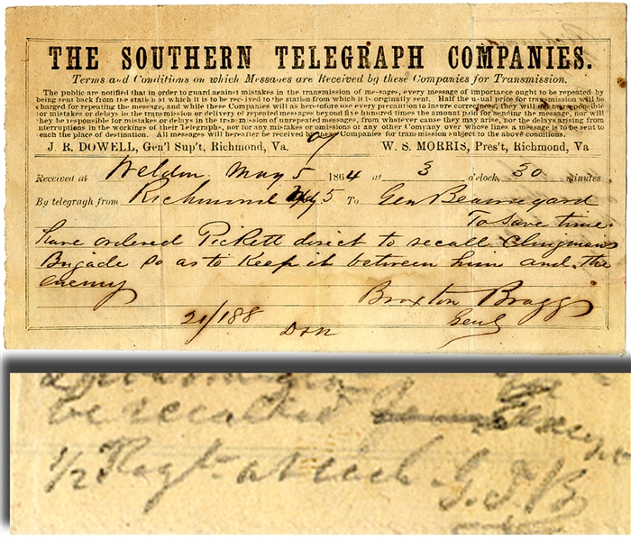 Telegram Issued By Bragg with Beauregard ANS