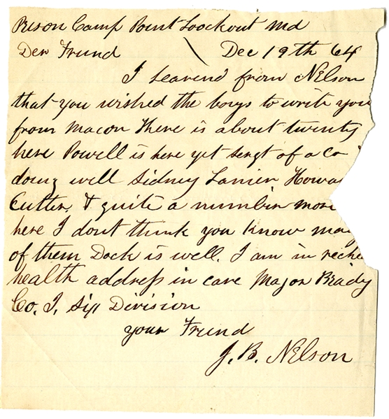 Letter of a Georgia POW at Point Lookout - Imprisoned With Sidney Lanier