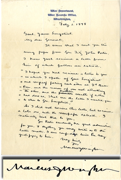 Marcus Wright Letter to James Longstreet Regarding 2nd Bull Run