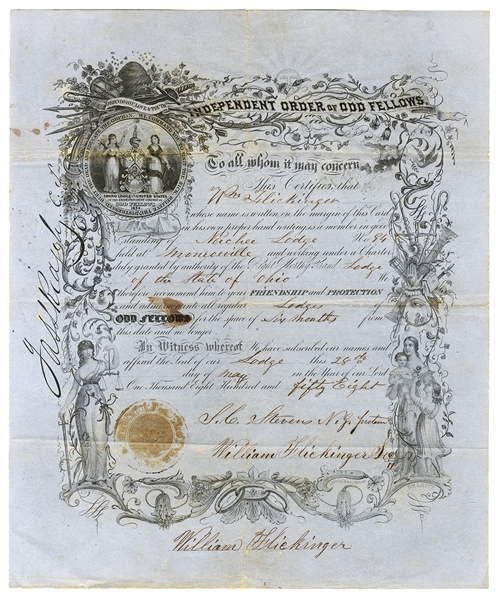 Membership Certificate for the Independent Order of Odd Fellows