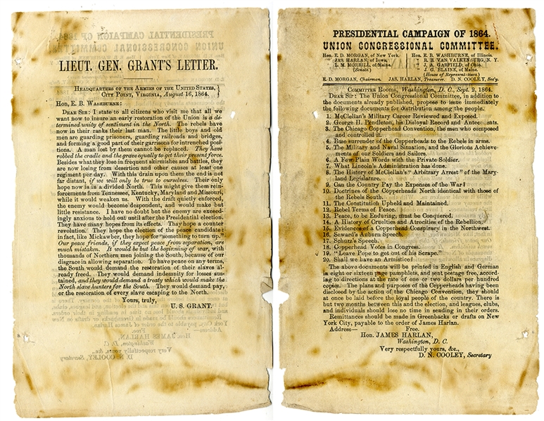 Lincoln Campaign Broadsheet with U.S. Grant Appeal Highlighting the Dire State of the Confederacy 